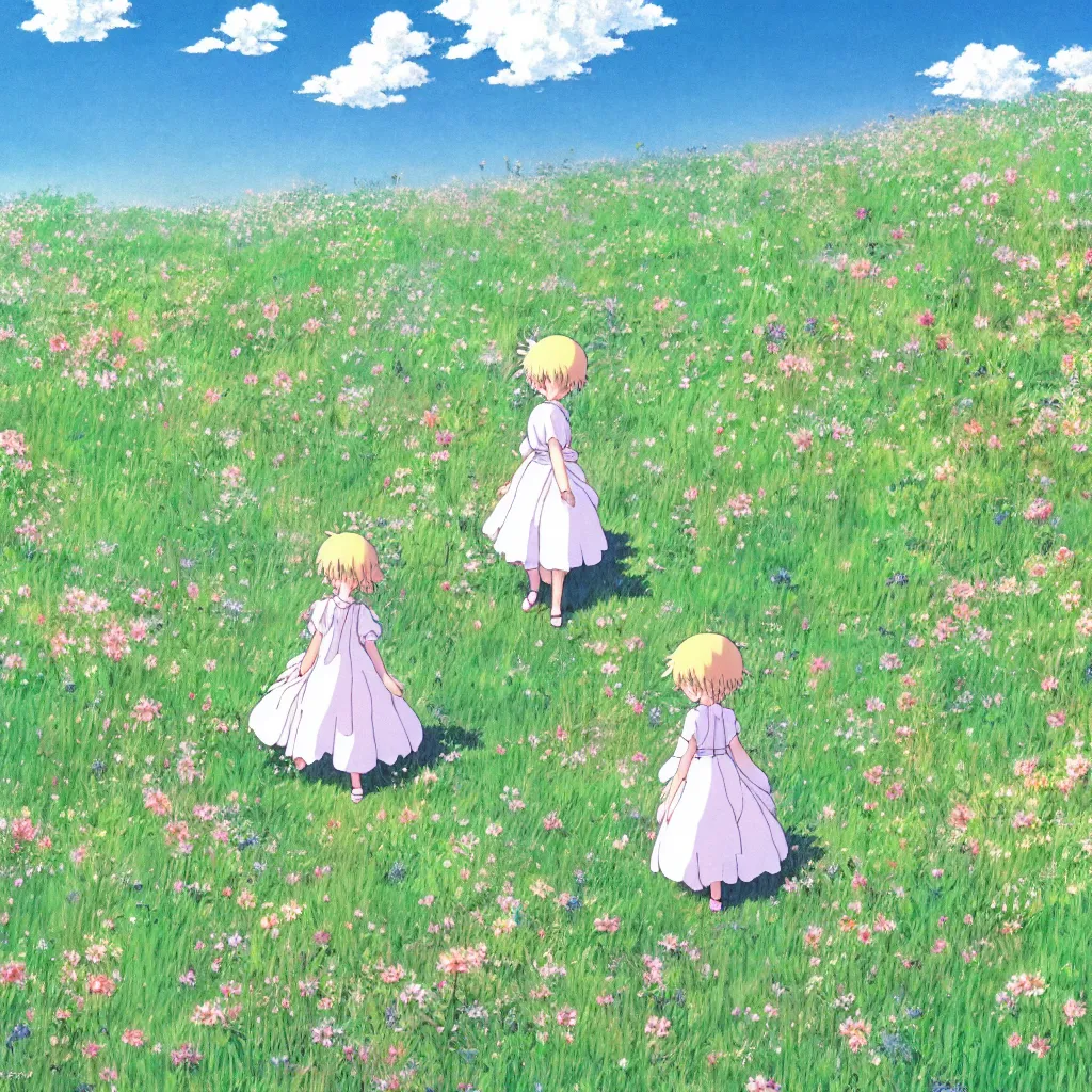 Image similar to little girl in princess dress, walking alone through a field of flowers, puffy clouds, beautiful, summer, calm, studio ghibli, art by hayao miyazaki, makoto shinkai