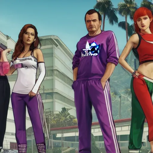 Prompt: A GTA 5 game loading screen featuring A Pterodactyl, La Llorona, a redhead Waifu, CHAPPIE in an Adidas track suit, and a TVR Sagaris