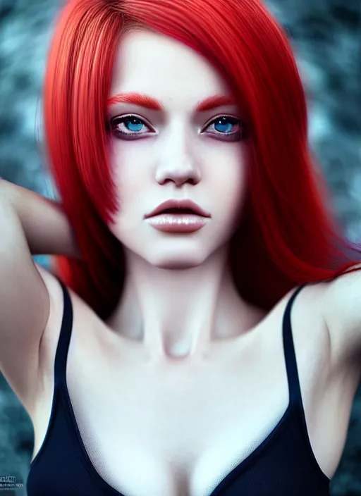 Image similar to photo of gorgeous woman with her right die hair dyed red and left side hair white in the style of stefan kostic, realistic, half body shot, sharp focus, 8 k high definition, insanely detailed, intricate, elegant, art by stanley lau and artgerm, foggy backgeound