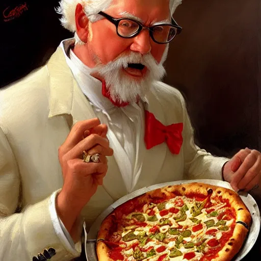 Prompt: colonel sanders eating many pizza, highly detailed painting by gaston bussiere, craig mullins, j. c. leyendecker, 8 k