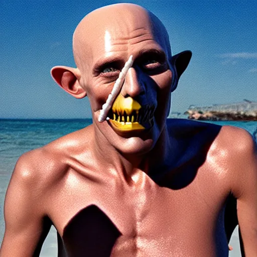 Prompt: portrait nosferatu applying sunscreen on his body on the beach, realistic detailed photography