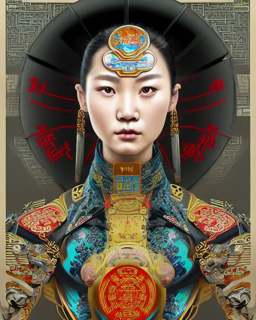 Image similar to portrait of a chinese cyberpunk machine, machine face, arms, upper half portrait, decorated with chinese opera motifs, regal, asian, fine china, wuxia, traditional chinese art intricate intense elegant 京 剧 highly detailed digital painting artstation concept art smooth sharp focus illustration, art by artgerm and greg rutkowski alphonse mucha 8 k