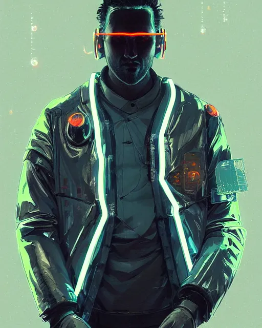 Prompt: detailed portrait Xavier Singy Neon Operator boy, cyberpunk futuristic neon, reflective puffy coat, decorated with traditional Japanese ornaments by Ismail inceoglu dragan bibin hans thoma greg rutkowski Alexandros Pyromallis Nekro Rene Maritte Illustrated, Perfect face, fine details, realistic shaded, fine-face, pretty face