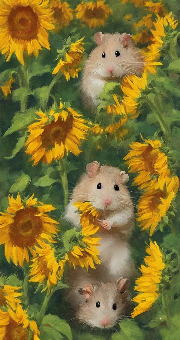 Prompt: a highly detailed beautiful portrait of a cute little hamster surrounded by beautiful sunflowers, by gregory manchess, james gurney, james jean