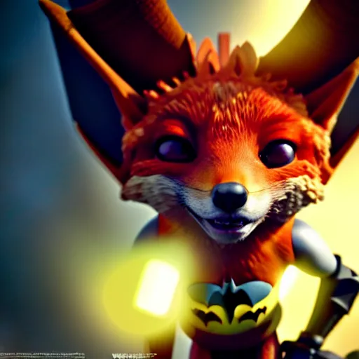 Prompt: weta disney pixar movie still macro close photo of cute anthropomorphic vulpes vulpes fulva wearing batman costume : : by weta, greg rutkowski, wlop, ilya kuvshinov, rossdraws, artgerm, octane render, iridescent, bright morning, anime, liosh, mucha : :