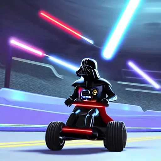 Image similar to still image of darth vader driving in mario kart tour deluxe race, unreal engine, octane