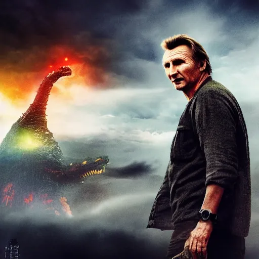 Image similar to liam neeson versus godzilla, movie poster, profile angle, high quality, realistic, head to head poster