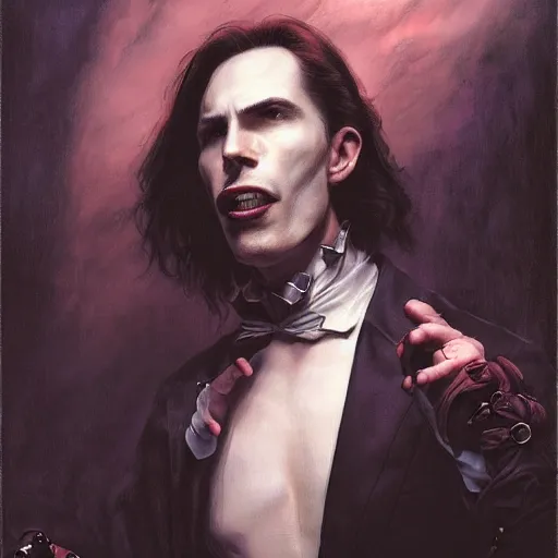 Image similar to portrait of a vampire in the darkness, detailed, centered, digital painting, artstation, concept art, donato giancola, Joseph Christian Leyendecker, WLOP, Boris Vallejo, Annie Leibovitz and Steve McCurry, David Lazar, Jimmy Nelsson, Breathtaking, 8k resolution, extremely detailed, beautiful, establishing shot, artistic, hyperrealistic, beautiful face, octane render