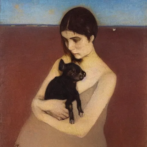 Image similar to a woman and her black and brown chihuahua by the sea by odilon redon