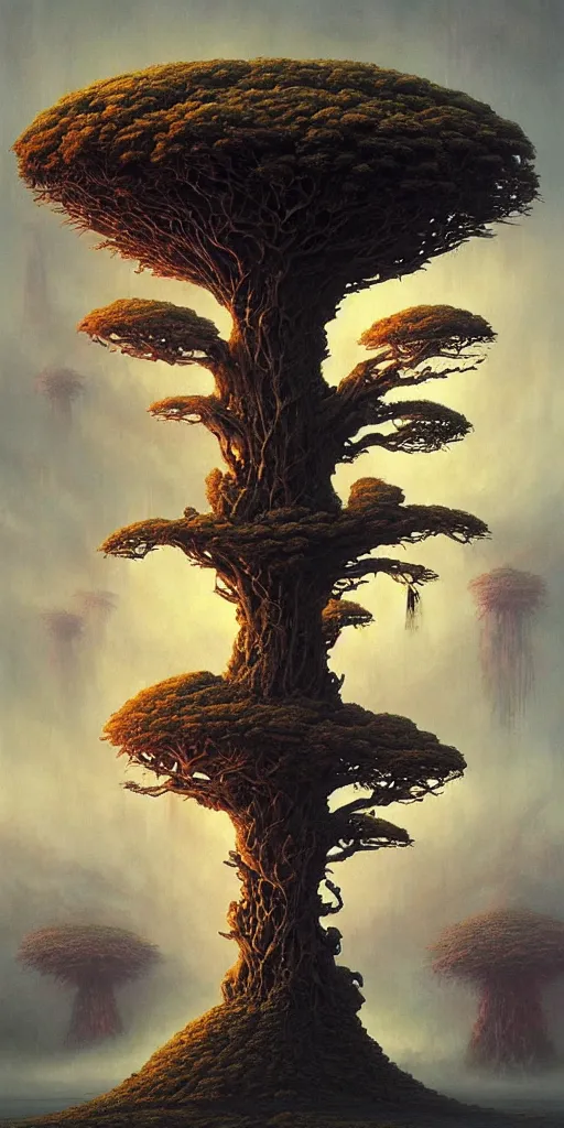 Image similar to landscape, alien tree of life, cyberpunk, sci fi, horror, monstrous, highly detailed, complex, intricate, matte painting, cinematic, by rhads and mohrbacher and zdzislaw beksinski,