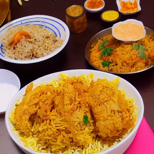 Image similar to A college student is eating chicken biryani in an Andhra mess, highly detailed, 4k