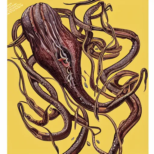 Image similar to a beautiful ultra detailed anatomical illustration of a giant squid holding many burgers, tentacles wrapped around burgers, artstation, 8 k