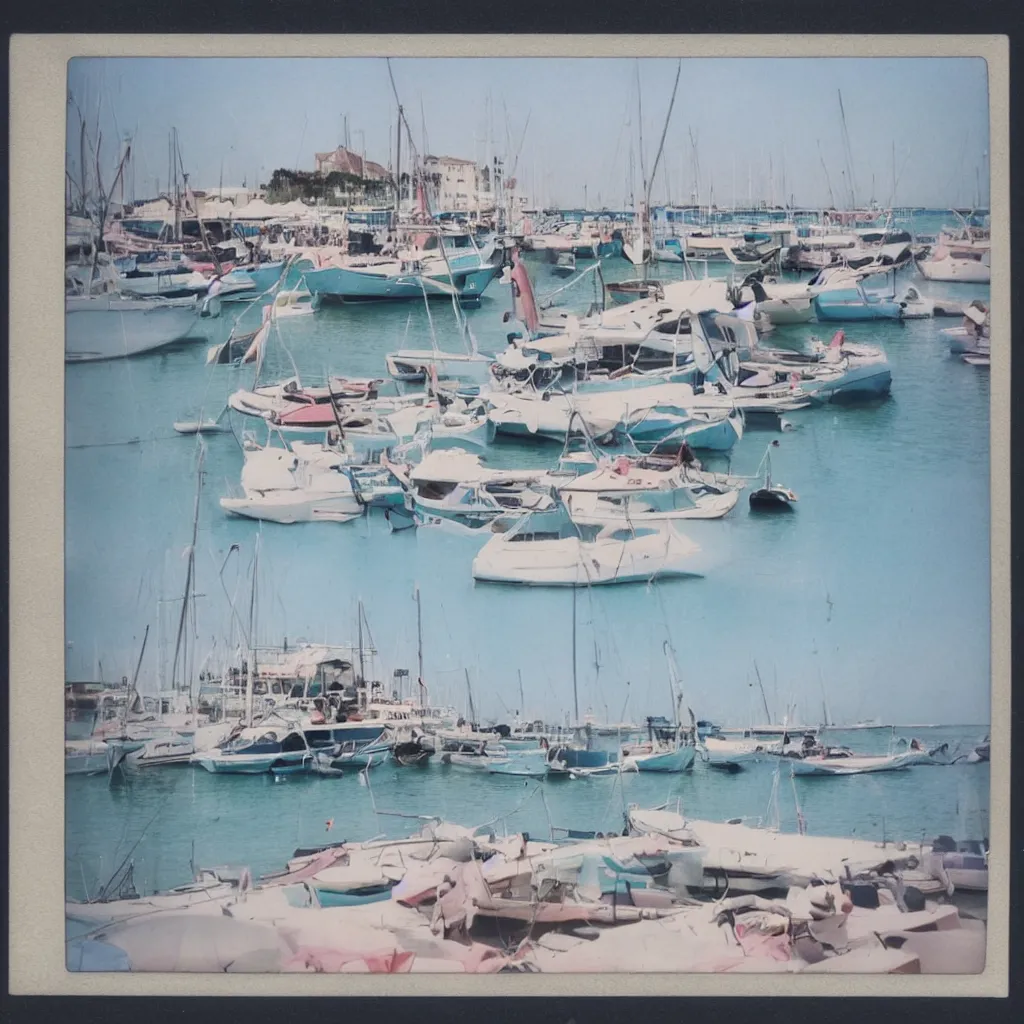 Image similar to a pastel colour high fidelity wide angle polaroid art photo from a holiday album at a seaside with sail boats, nostalgic