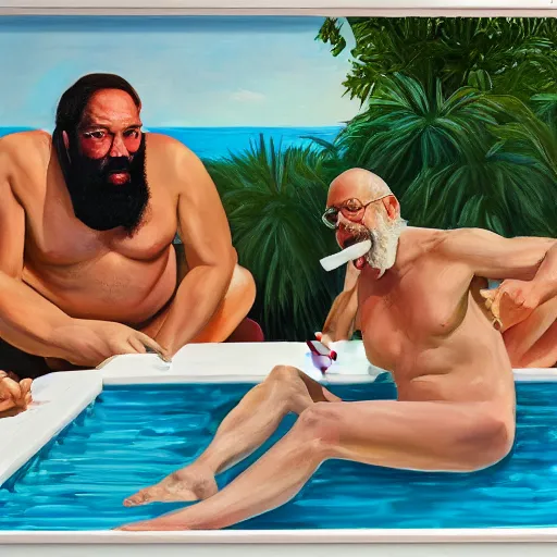 Image similar to An eric Fischl painting of Socrates eating a translucent hemlock popsicle at the last pool party bbq he will ever attend, i cloud of fire