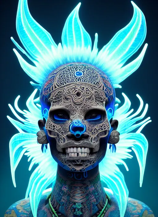 Image similar to 3 d shaman with tattoos profile portrait, sigma 5 0 0 mm f / 5. beautiful intricate highly detailed quetzalcoatl skull and feathers. bioluminescent, plasma, lava, ice, water, wind, creature, thunderstorm! artwork by tooth wu and wlop and beeple and greg rutkowski, 8 k trending on artstation,