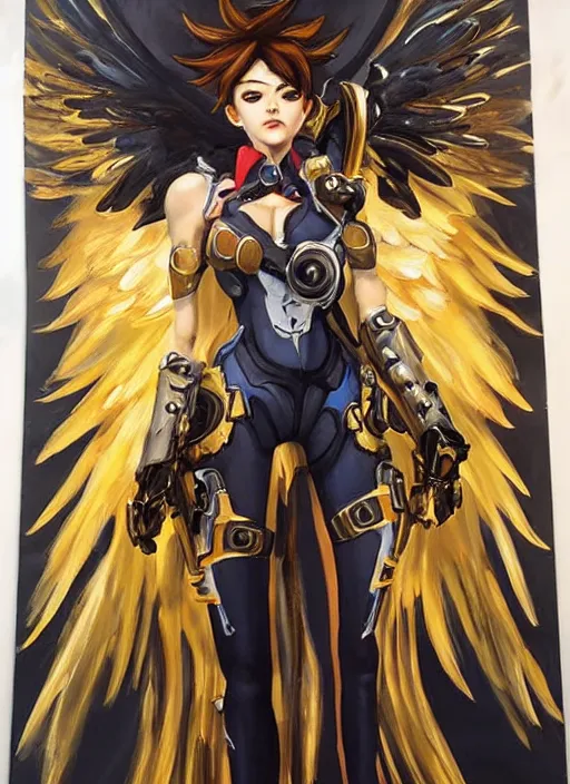 Image similar to full body oil painting of tracer overwatch in the style of jean deville, angel wings, angelic golden armor, dramatic painting, symmetrical composition, ornate, high detail, gold detailed collar!!!!!, blooming, lights, flowers, detailed face,