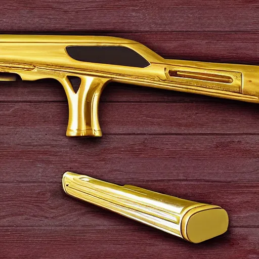 Image similar to a shotgun made from glossy red - painted wood and elements of gold metalwork