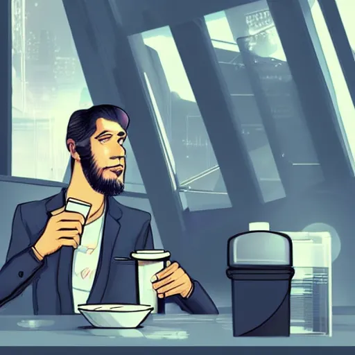 Image similar to handsome startup CEO having a cup of coffee. sci-fi cyberpunk concept art