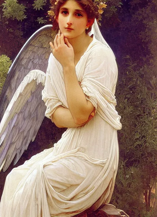 Image similar to painting of a beautifully robed angel with huge white feather wings, intricate, elegant, hyperdetailed, by alphonse mucha and william - adolphe bouguereau and john william waterhouse