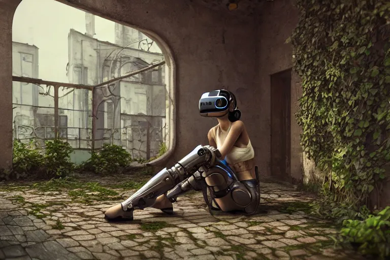 Image similar to Broken cyborg girl with VR helmet sitting on old courtyard with mud and an old playground between two soviet five-storey overgrown with ivy panel houses, high details, cinematic, 8k resolution, beautiful detailed, insanely intricate details, artstation trending, rule of third, octane render, unreal engine