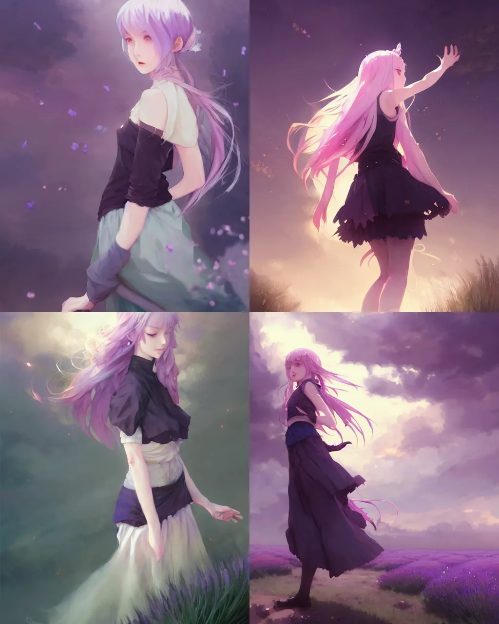 Prompt: a girl with lavender hair and black skirt, dream fantasy background, a beautiful half body illustration, top lighting, perfect shadow, soft painting, reduce saturation, leaning towards watercolor, art by hidari and krenz cushart and wenjun lin and akihiko yoshida