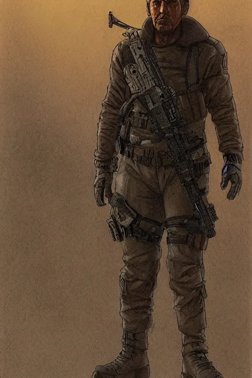 Prompt: Hector. Deadly blackops mercenary in tactical gear. Blade Runner 2049. concept art by James Gurney and Mœbius.