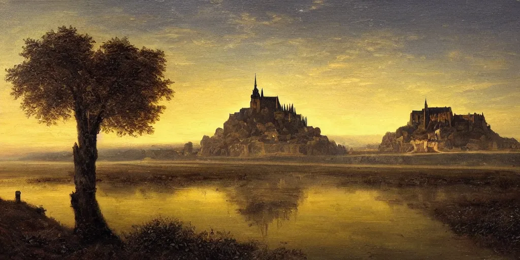 Prompt: masterpiece oil painting portraying mont saint michel in the style of romanticism landscape painters with a tree on the foreground,beautiful,misty,night sky,evocative,reflection in the water