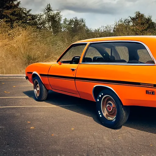 Prompt: 1 9 7 3 ford pinto stationwagon, orange - yellow color, wide - angle lens, dramatic lighting, cool marketing photo