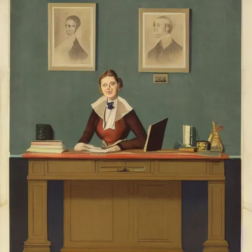 Image similar to a portrait of a secretary sitting behind a desk, 7 0 th burda style,