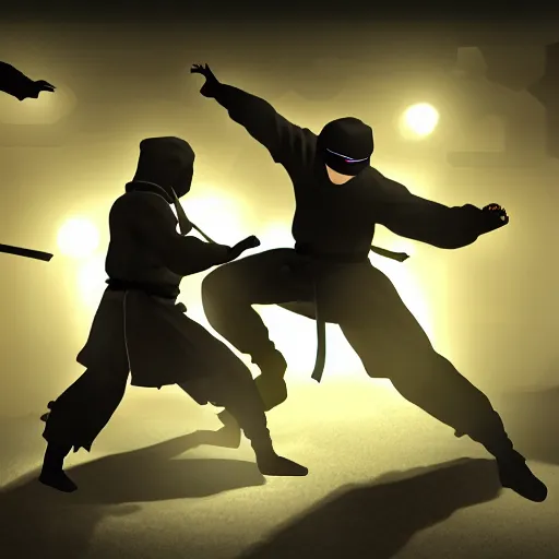 Prompt: a ninja fighting another ninja, they are in some random place fighting, hyperrealstic, video game concept art, realistic lighting, dynamic shadows