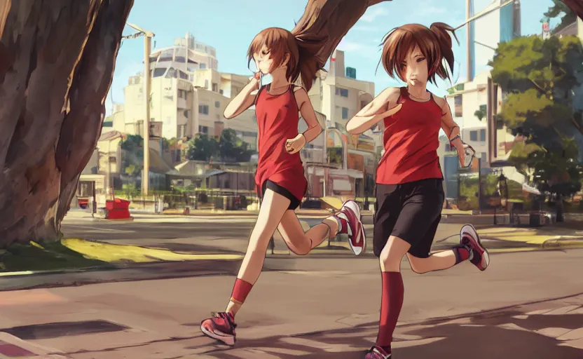 Prompt: anime style, girl is running, red sport clothing, marathon race, brown short hair, hair down, symmetrical facial features, from arknights, gta 5, hyper realistic, rule of thirds, extreme detail, detailed 4 k drawing, safebooru, realistic lighting, by alphonse mucha, greg rutkowski, sharp focus, backlit