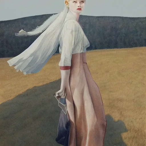 Image similar to Elle Fanning in the painted world of Inception, head and shoulders masterpiece, apocalypse, golden hour, cosmic horror, artstation, in the style of Andrew Wyeth and Edward Hopper and Bosch, extremely detailed