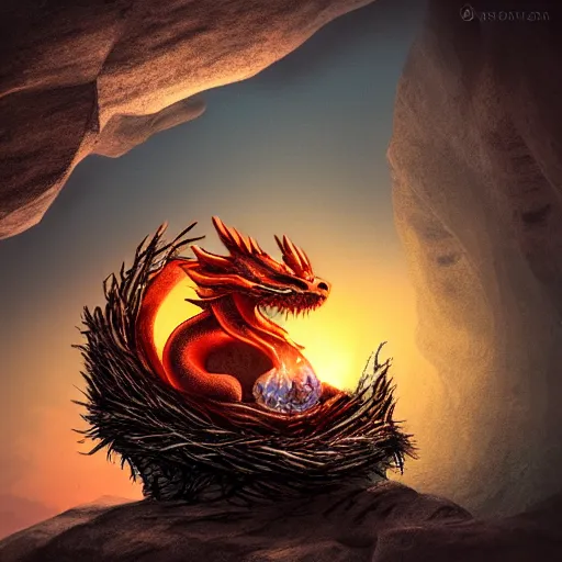 Image similar to dragon in his nest by a cavern, sunrise, ultra photorealistic, 8k, cinematic, dramatic