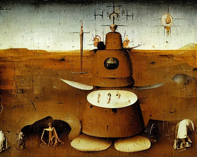 Prompt: very weird minimalistic machine, huge, in the middle of desert, blotchy oil painting, tarot texture, by hieronymus bosch