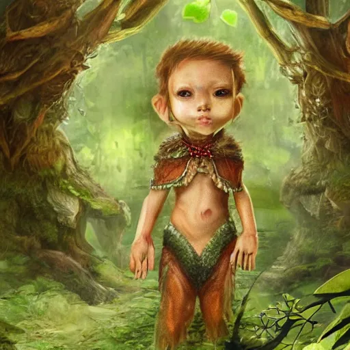 Prompt: a highly detailed portrait of a tiny humanoid creature standing in a fantasy forest concept art