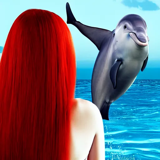 Image similar to a hyper realistic image of a very beautiful red haired girl standing near a window, she is facing the camera, a dolphin is swimming in the sky