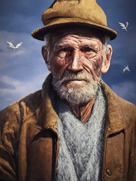 Image similar to realistic renderings portrait of very old fisher man portrait with a hat, wearing a fisher 🧥, colored wears, ( ( ( ( ( a bird in the sky ) ) ) ) ) port scene background, astonishing scenes, detailed, photorealism, volumetric lighting, autumn lights colors, ultra detailed