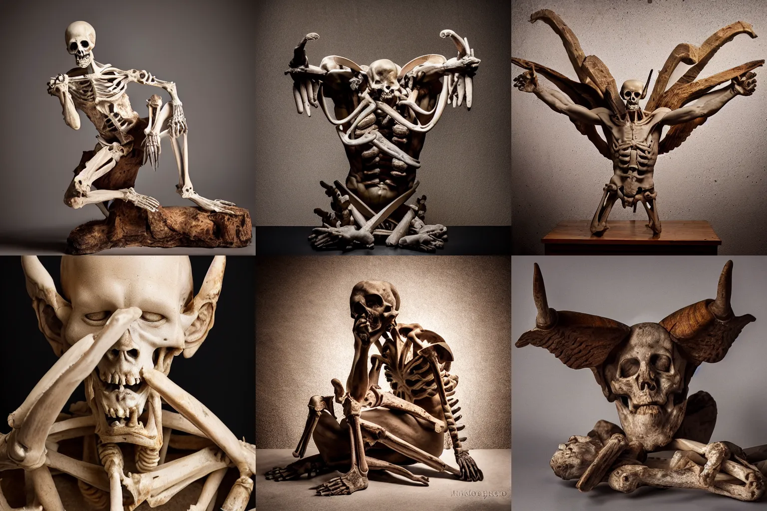Prompt: Antique Michelangelo's sculpture of Satan, made of bones and wood. Professional photography with studio light