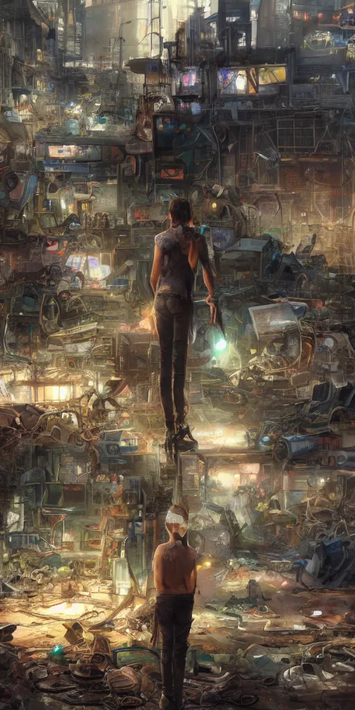 Image similar to concept art of a humanoid standing in a junkyard, back - view, technology screens glowing, hyper maximalist, matte painting, ultra detail, concept art, hyper realistic, cgsociety, hyper maximalist, artstation, cgsociety, style by jon foster and feng zhu and tyler edlin, octane render, anime style