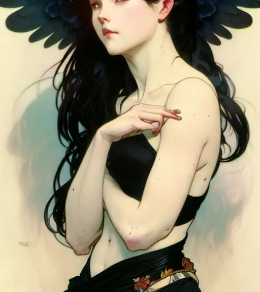 Prompt: character design by artgerm, cushart krenz, greg rutkowski and alphonse mucha. ( ( ( portrait of a black haired cute girl with black wings in a black bra ) ) ) sharp edges. ultra clear detailed. 8 k. ultra detailed, elegant, intricate, octane render.