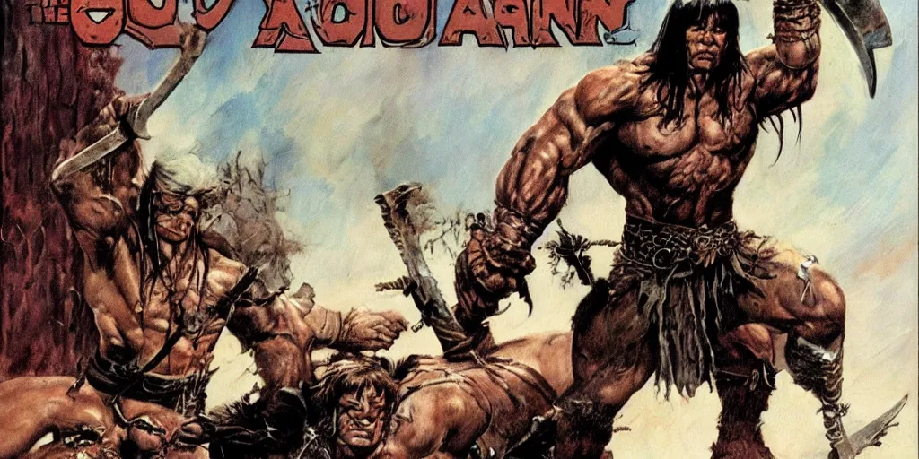 Prompt: conan the barbarian, joe jusko, frank frazetta, robert e howard, book cover, illustration, muted colors