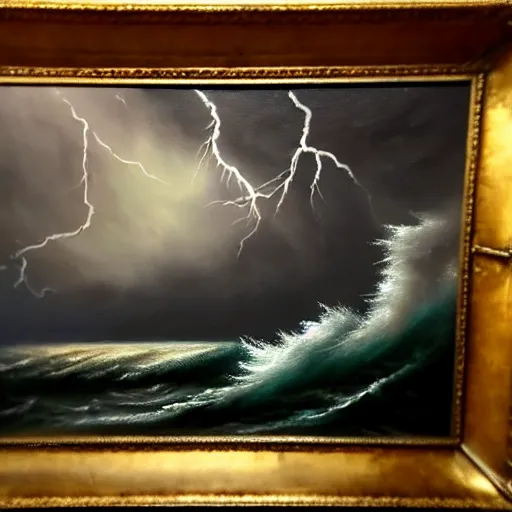 Image similar to a photo realistic oil painting of a galleon caught in a storm with high waves and lightning