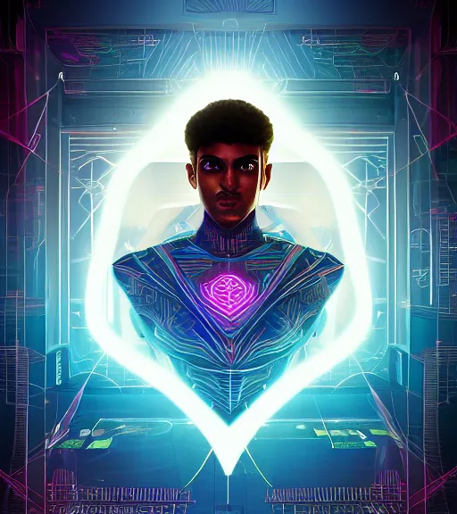 Image similar to symmetry!! egyptian prince of technology, solid cube of light, hard edges, product render retro - futuristic poster scifi, lasers and neon circuits, brown skin man egyptian prince, intricate, elegant, highly detailed, digital painting, artstation, concept art, smooth, sharp focus, illustration, dreamlike, art by artgerm