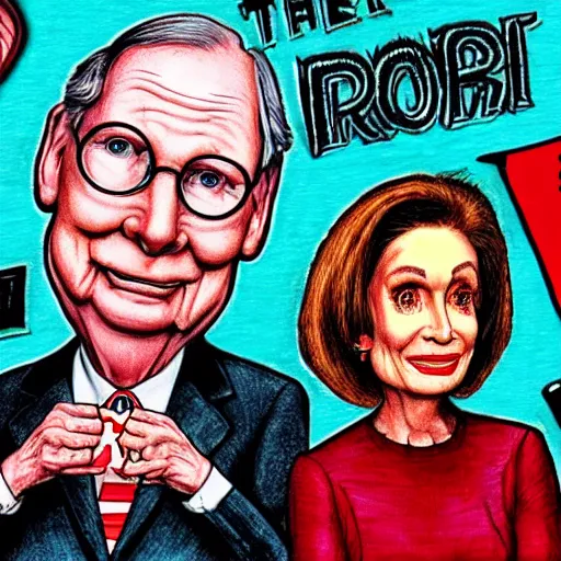 Image similar to The Artwork of R. Crumb and his Cheap Suit Mitch McConnell and Nancy Pelosi, pencil and colored marker artwork, trailer-trash lifestyle