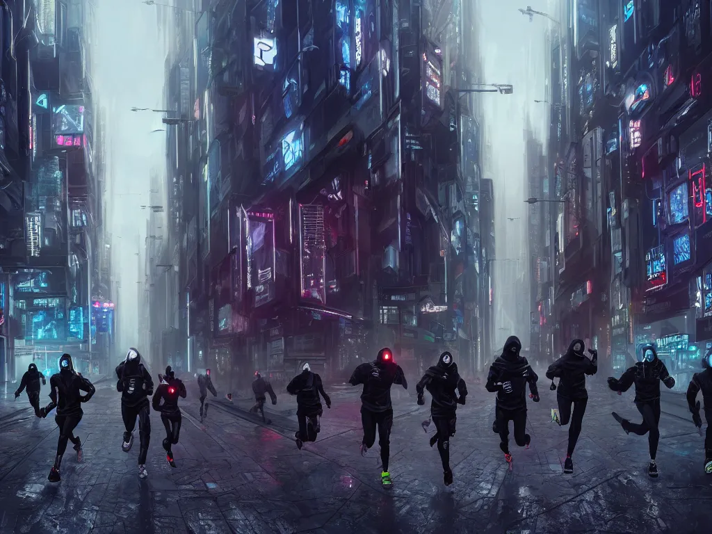 Image similar to a hyperrealistic matte painting of a group of rebellious hackers, clothed in techwear, running through the streets of a dystopian city, matte painting, intricate detail, polished, cyberpunk style, concept art, trending on artstation