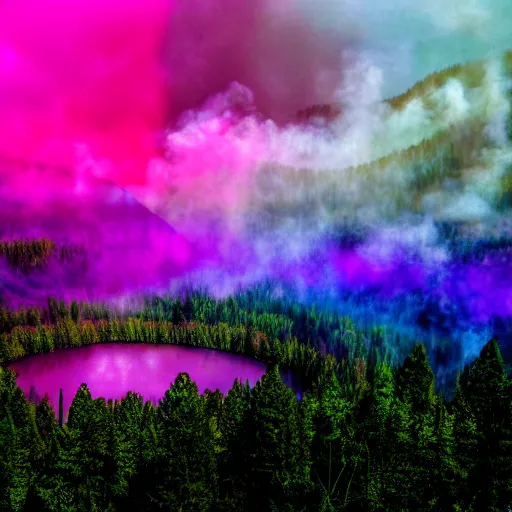 Image similar to rainbow neon sign half circle in water reflected on misty mountain lake at midday, surrounded by beautiful forest, sunny summertime sunlit daylight, twisting smoke bomb, hdr, smoke on water, 4 k, award winning photography, volumetric lighting, artstation