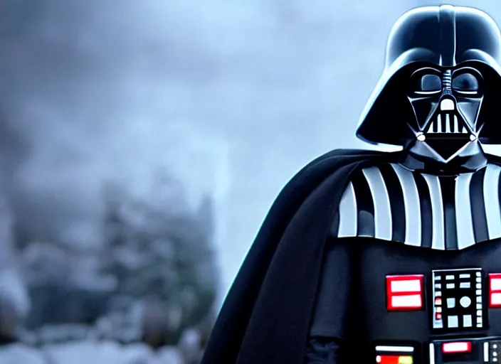 Image similar to film still of Darth Vader goes to the mall at Christmas time in the new Star Wars movie, 4k