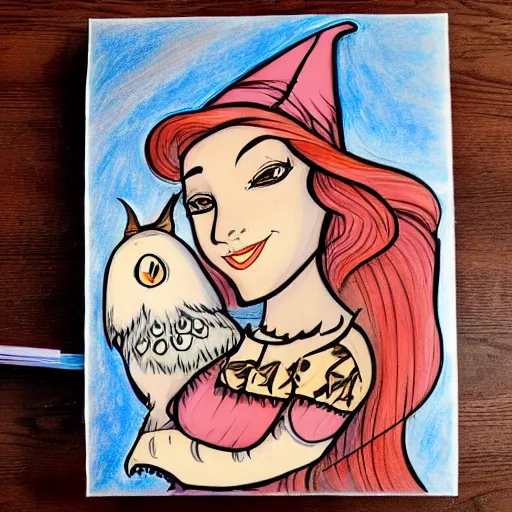 Prompt: disney style drawing of a witch with an owl on her shoulder, muted colors, acrylics on wood