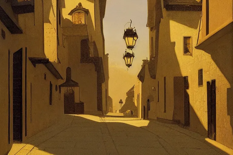 Prompt: winding street at midnight in a very old very beautiful city by George Price Boyce and Vermeer and Maxfield Parrish, glowing paper lanterns, strong dramatic cinematic lighting , ornate tiled architecture, lost civilizations, smooth, sharp focus, extremely detailed