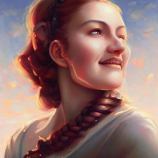 Prompt: a beautiful painting of a smiling young mother with auburn side braid and pretty hazel eyes representative of the art style of artgerm and wlop and peter mohrbacher, portrait